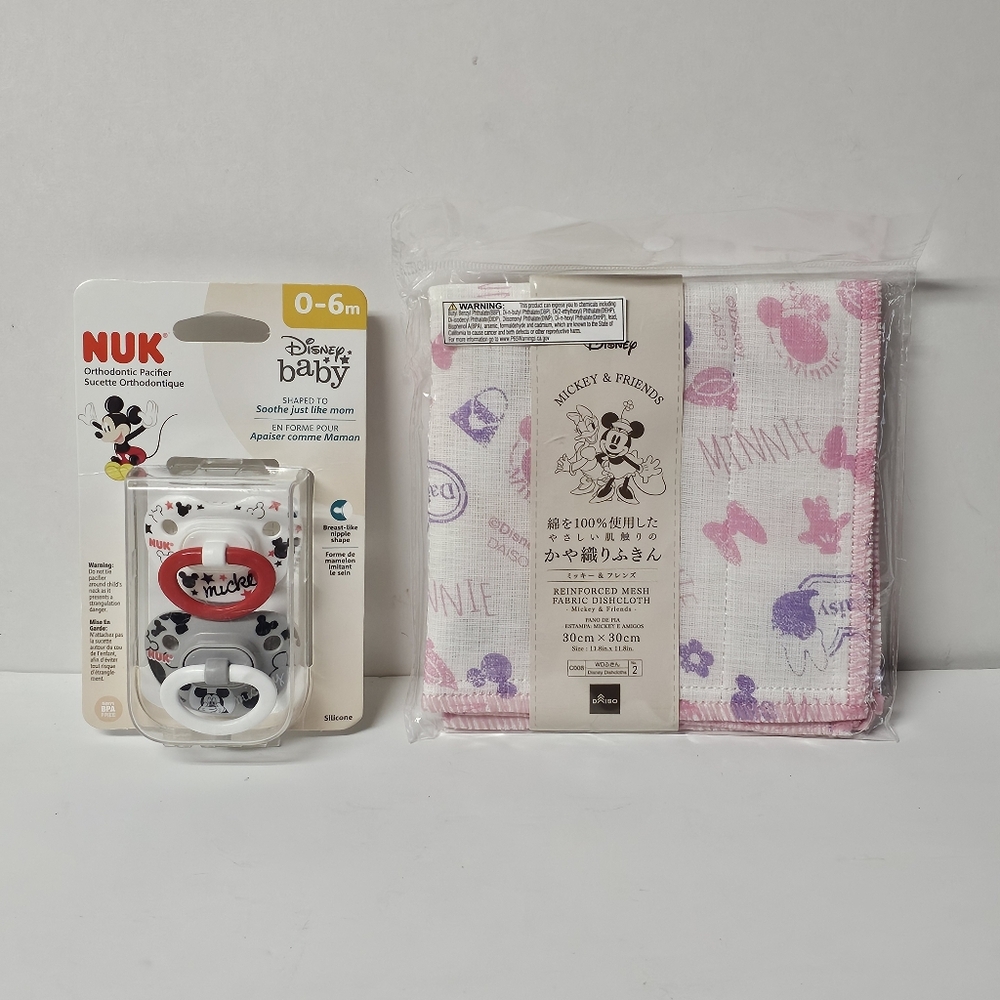 Nuk Mickey Mouse 0-6 Month Pacifiers (1 Pack w/ 2 Pacifiers) & Mickey Dishcloth